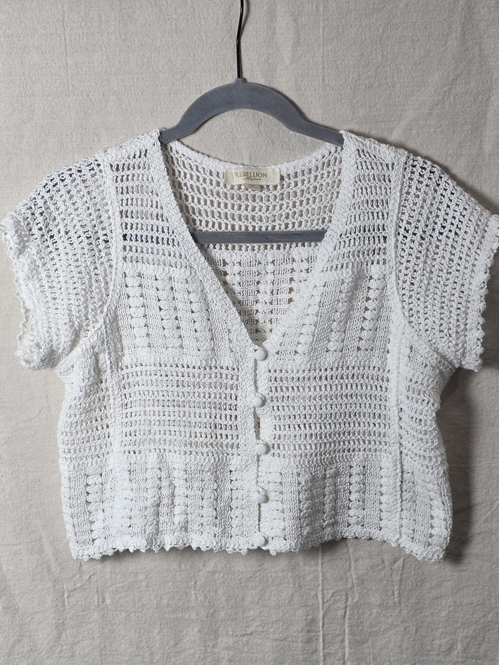 Rebellion White Crochet Button-Front Crop Top